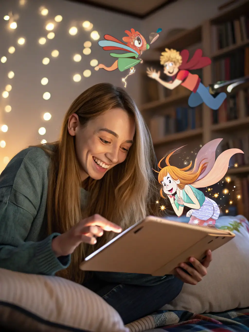 A person happily watching a movie on their tablet, surrounded by streaming service logos, representing the ease of finding movies with Filmes Completo.